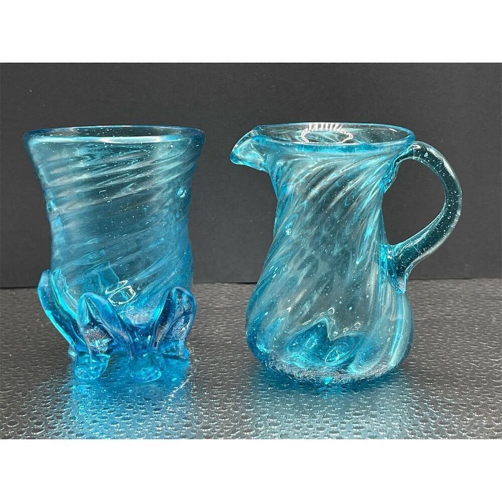 Vintage Hand Blown Blue Glass Creamer and Vase Set -Swirl & Twisted Optic Design
